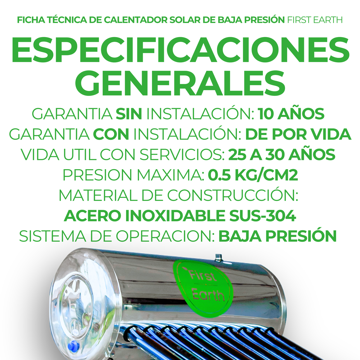 First Earth Calentador Solar 125 L Baja Presión (10 tubos) — Agua caliente para hogares