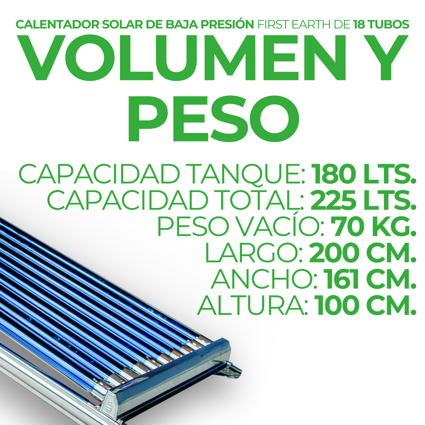 First Earth Calentador Solar 225 L Baja Presión (18 tubos) — Agua caliente para hogares