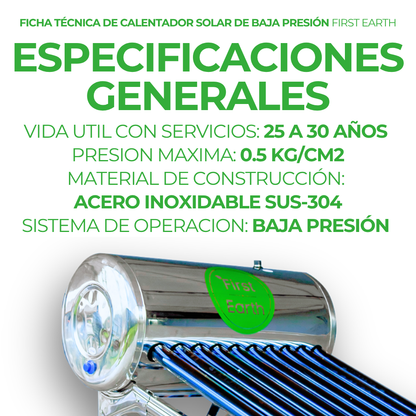 Calentador Solar First Earth 8 Tubos · 100 L · Baja Presión - 5