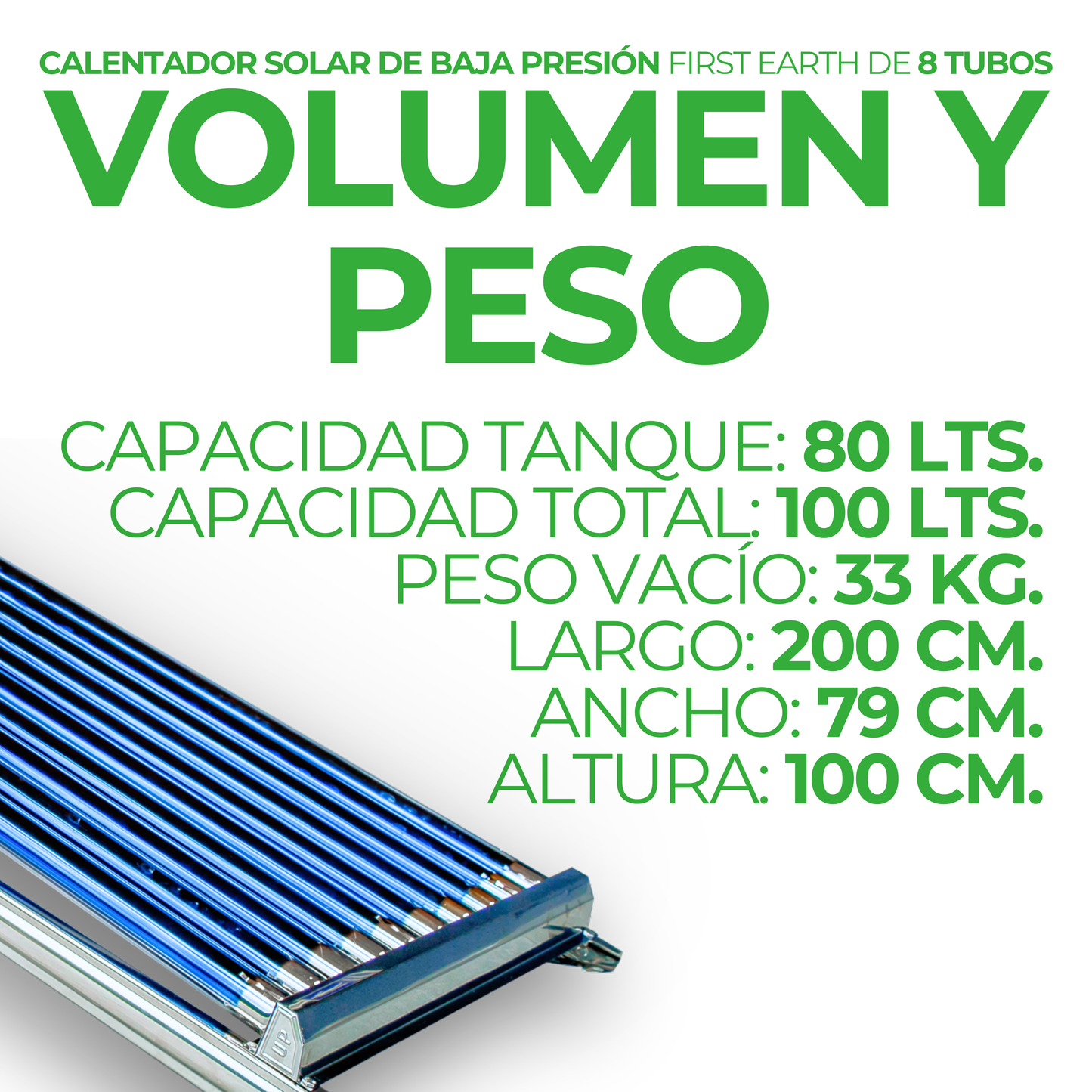 First Earth Calentador Solar 100 L Baja Presión (8 tubos) — Agua caliente para hogares
