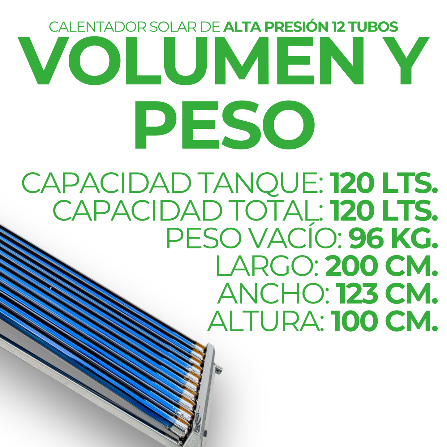 First Earth Calentador Solar 120 L Alta Presión (12 tubos) — Agua caliente para hogares
