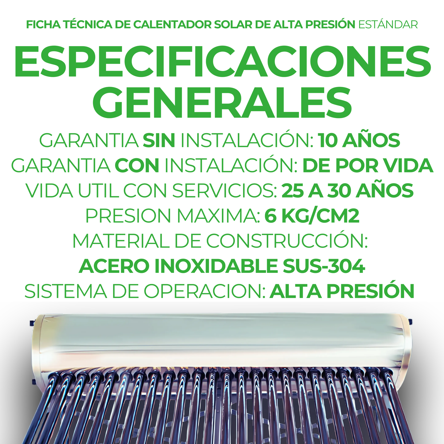 First Earth Calentador Solar 300 L Alta Presión (30 tubos) — Agua caliente para hogares